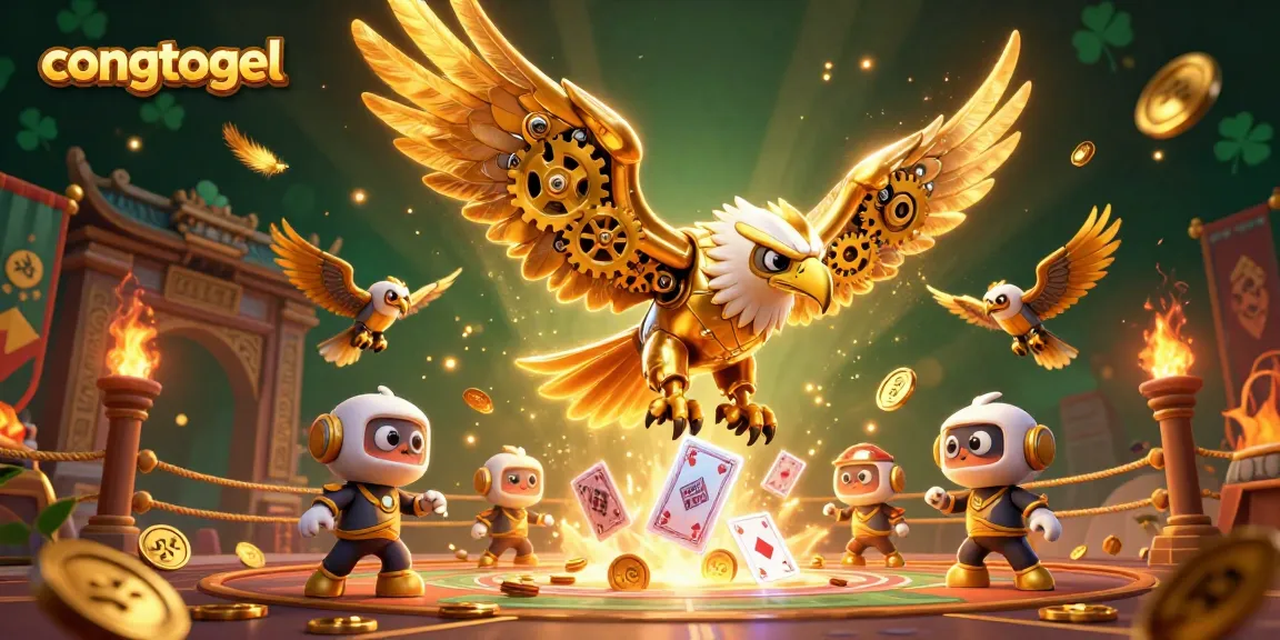 Experience congtogel excitement with a cybernetic eagle soaring among playing cards in a vivid gaming arena.