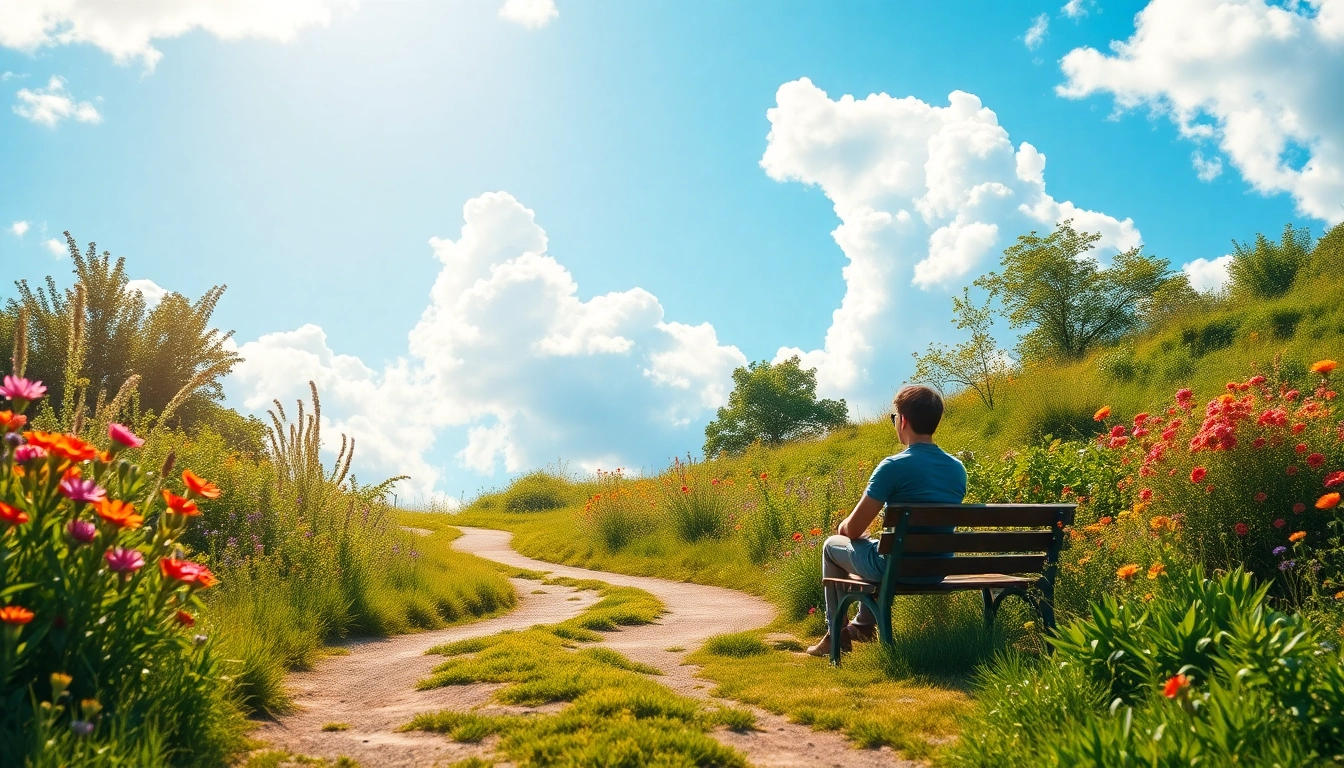 Finding your true calling while contemplating in nature on a serene path surrounded by greenery.