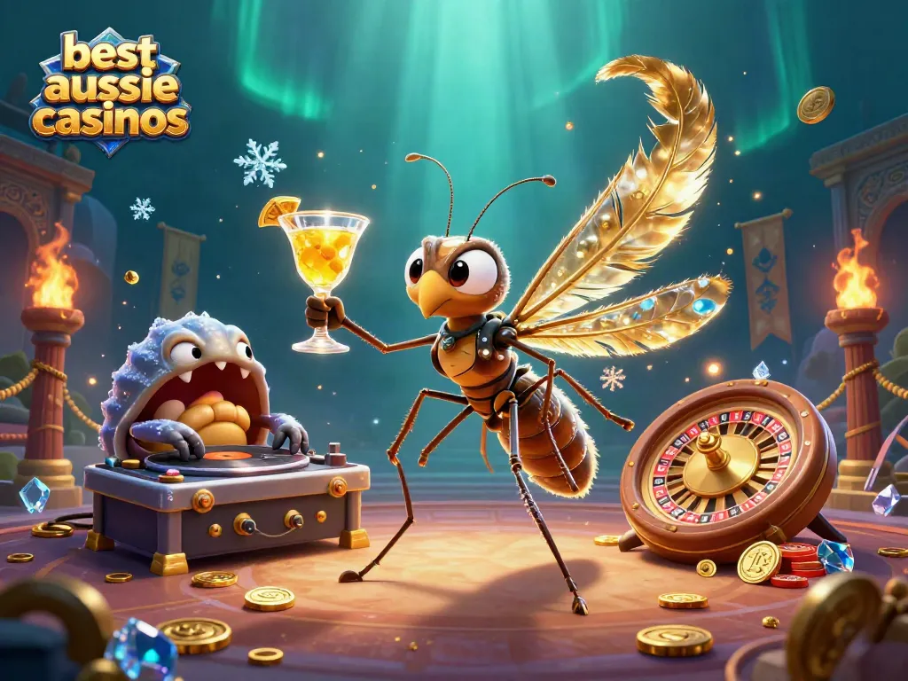 Experience the best Aussie casinos with our 3D scene featuring a unique frozen-in-amber mosquito mascot and a trilobite DJ.