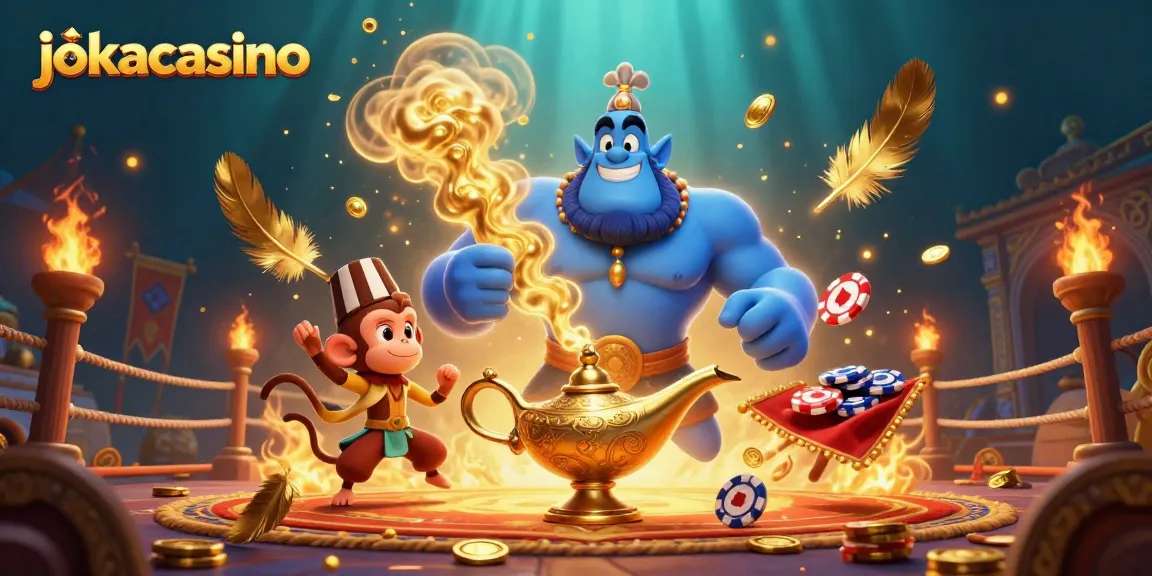 Join the excitement at jokacasino with vibrant casino elements and characters in a dynamic fantasy scene.