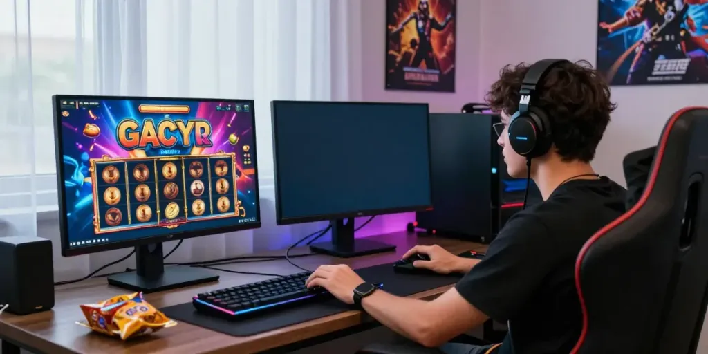 Vibrant gaming scene with slot gacor game on screen, colorful graphics and accessories.