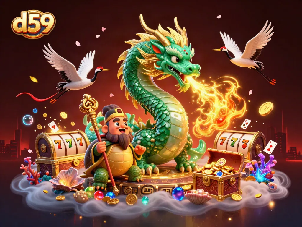 d59 showcases thrilling gaming with an emerald dragon, jade treasures, and spinning slot reels.
