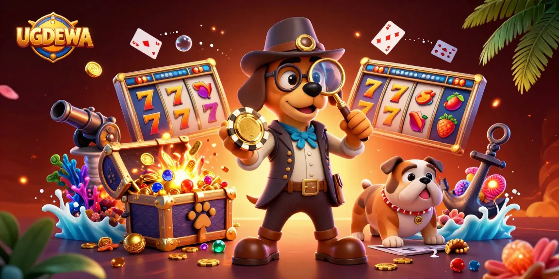 Experience gaming excitement and thrills with UGDEWA's dynamic casino adventure, featuring colorful slot reels and gold coins!