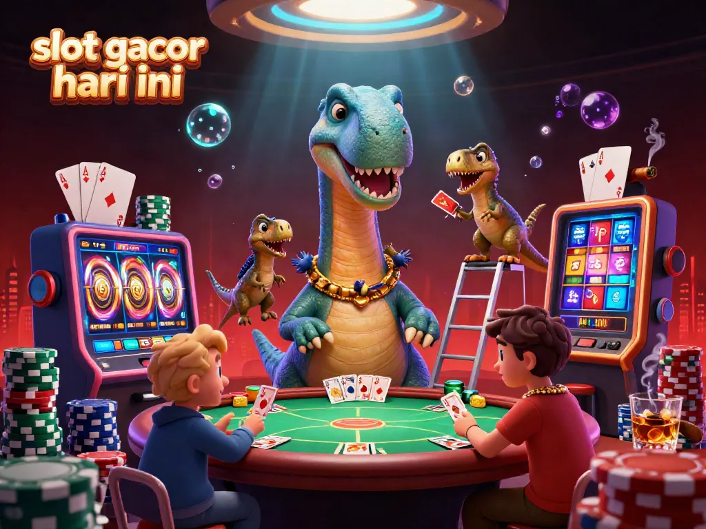 Engage with slot gacor hari ini in this vibrant casino scene with a brontosaurus and raptor.