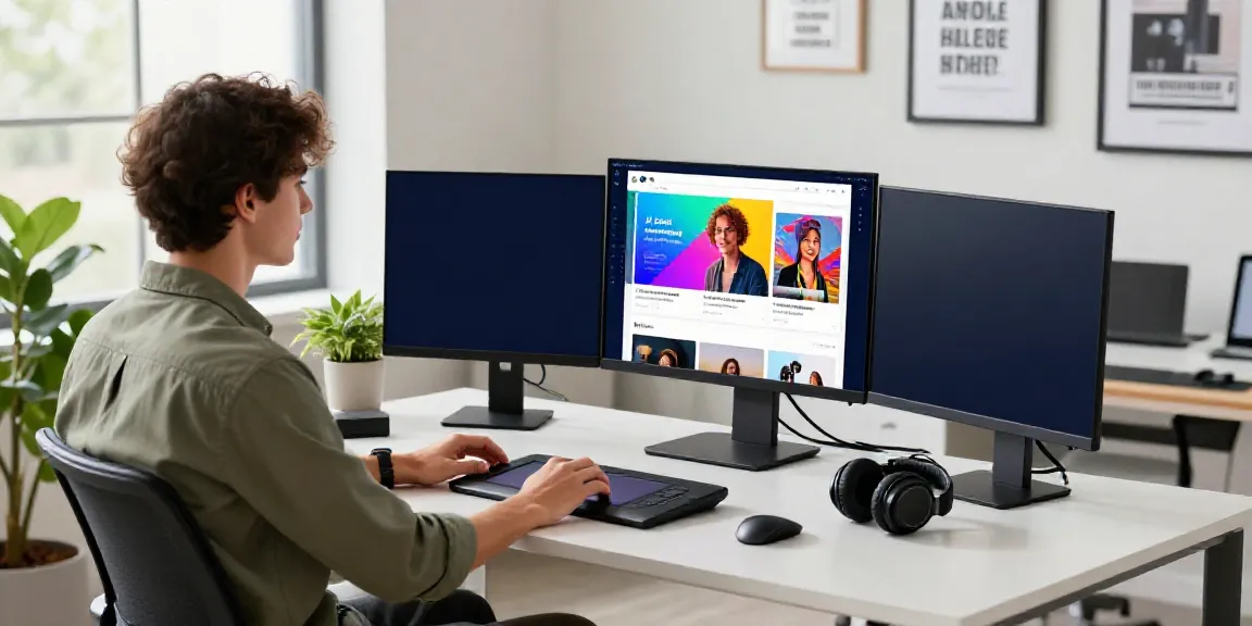 Innovative tech workspace showcasing an AI blog image generator in action with vibrant displays and engaging atmosphere.