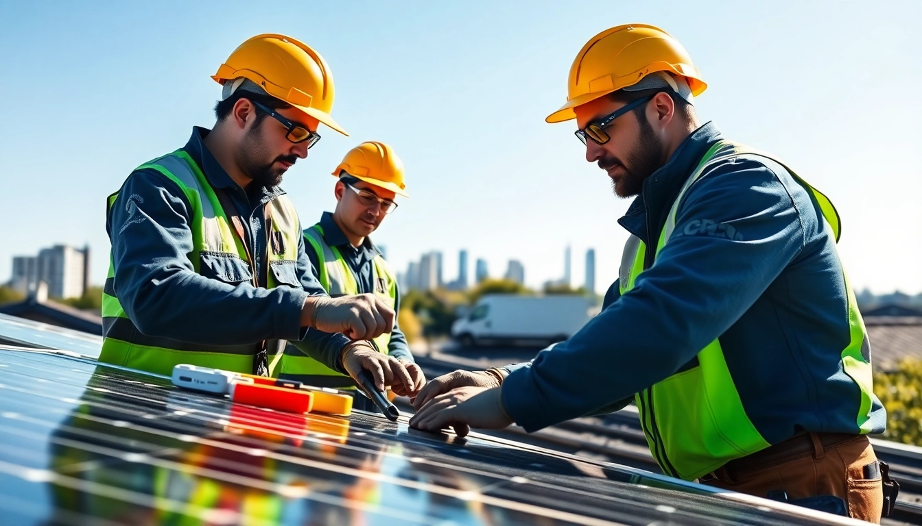 Solar repair company New Jersey technicians efficiently repairing solar panels on a rooftop.
