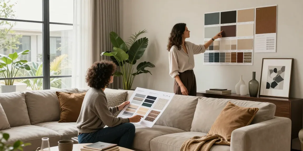 Desainer interior berkolaborasi dengan klien di ruang tamu modern Decor Serene https://decorserene.com/privacy-policy/ menunjukkan pilihan palet warna dan bahan yang stylish.