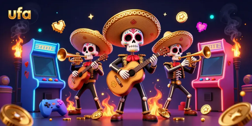 การเล่นเกมสล็อต ufa ที่มีธีมของเทศกาล Dia de los Muertos พร้อมกับไอคอนเกมล่าสุด.