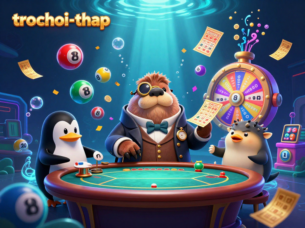 Experience the excitement of trochoi-thap with jolly walrus, penguin dealer, and pufferfish players at an underwater gaming table.