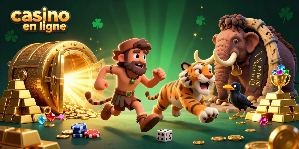 Illustration d'un casino en ligne préhistorique avec un homme des cavernes et un tigre à dents de sabre.