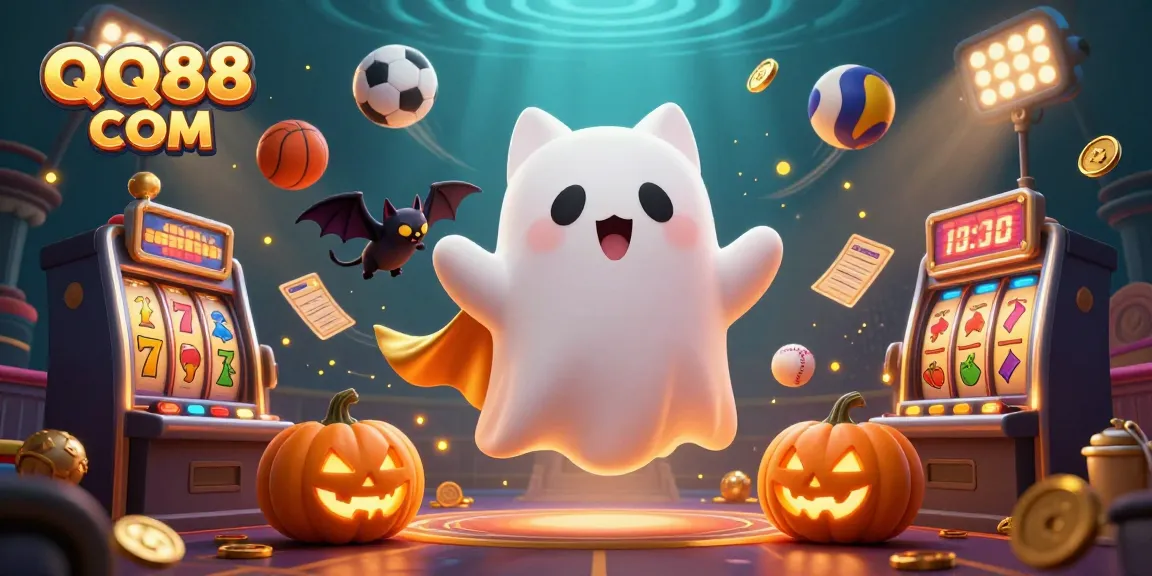 Experience exciting wins with QQ88 COM's vibrant 3D casino scene featuring ghostly characters and dynamic game elements.
