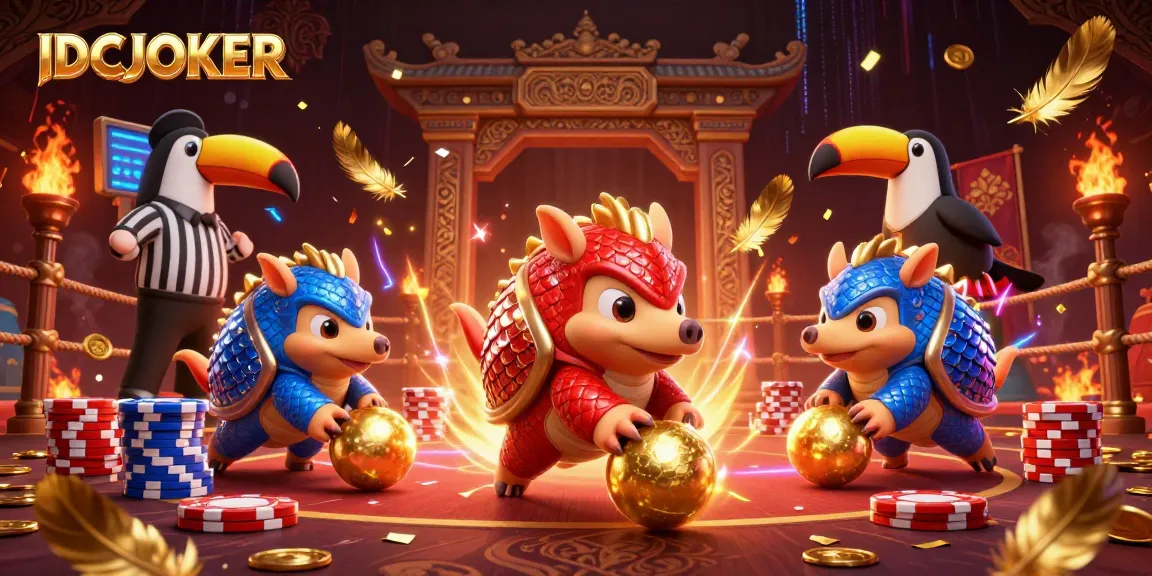 IDCJOKER pangolins compete in a dynamic casino scene, showcasing gaming and betting excitement.
