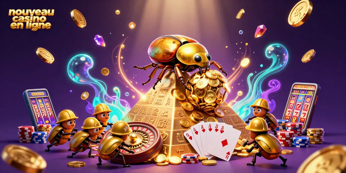 Plongez dans l'univers du nouveau casino en ligne avec des coccinelles dorées et des jetons scintillants.