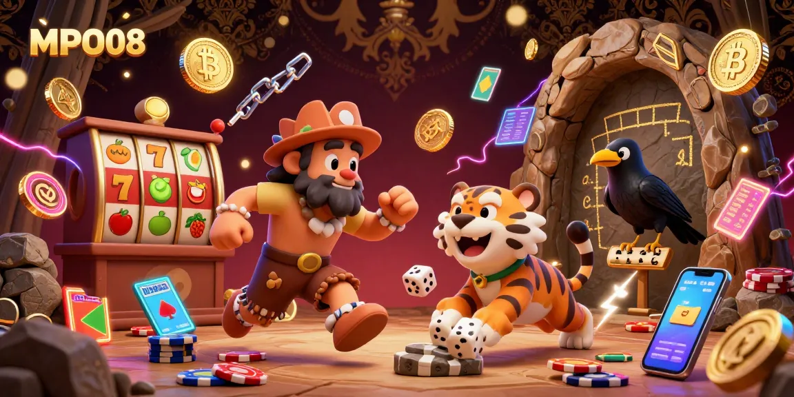 MPO08 showcases an interactive prehistoric casino with vibrant slot elements and crypto coins enhancing the excitement.