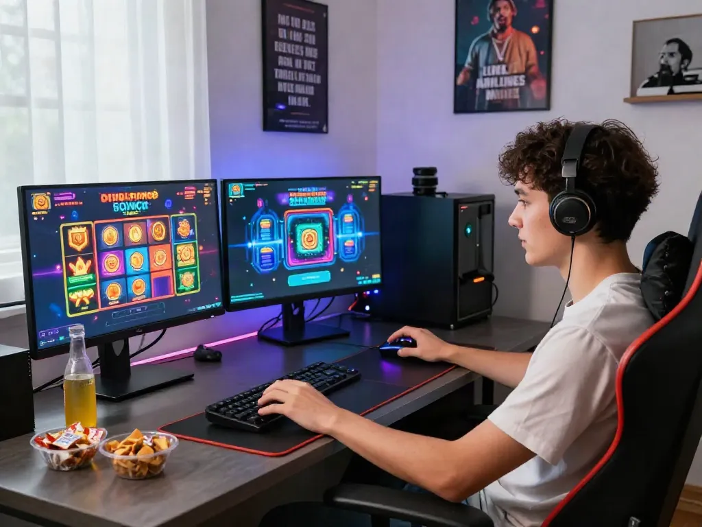 Excited player engaged in slot gacor games at home setup, colorful screens displaying winning symbols.