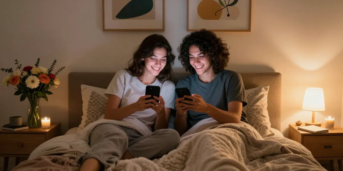 Couple enjoying ai sexting in cozy bedroom, creating a warm and intimate atmosphere.