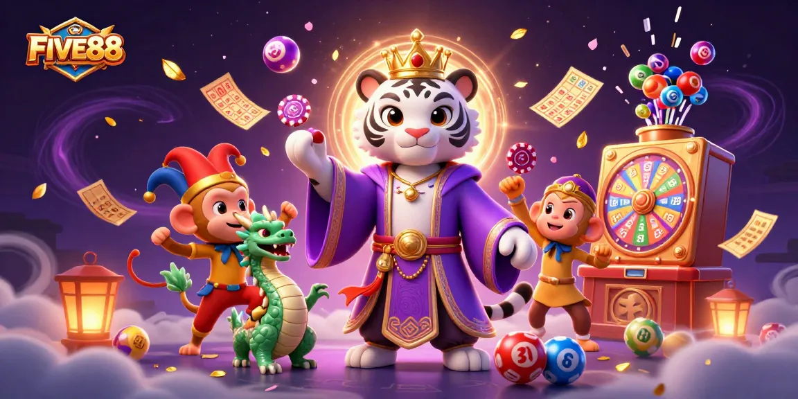Experience the excitement of FIVE88 as a tiger and playful monkey celebrate gaming with vibrant elements