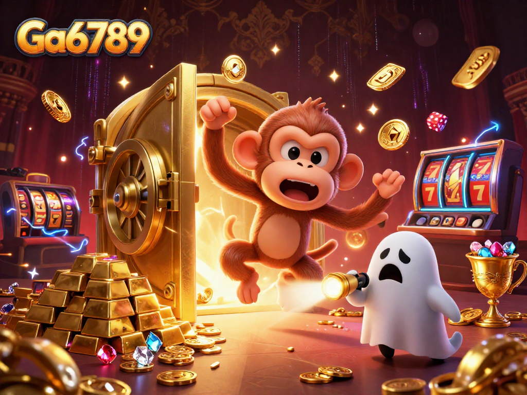 Engage with Ga6789's haunted casino scene featuring a mischievous monkey and ghost-hunter puppy.