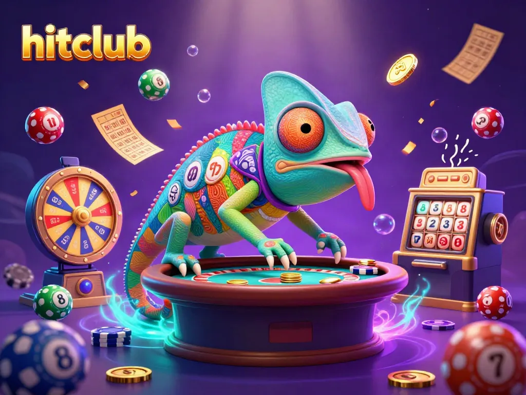 Experience hitclub's vibrant casino world with games and golden rewards in this dynamic illustration.