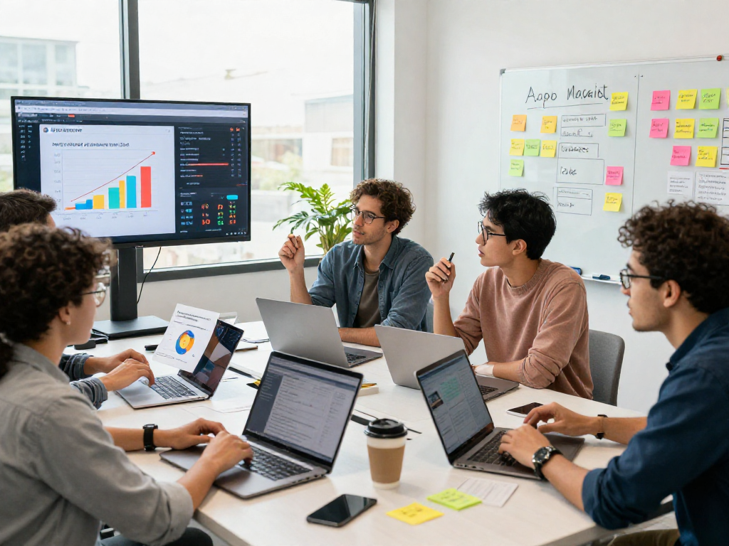 Buy iOS installs for your mobile app with a marketing team collaborating on effective strategies and analytics in a vibrant office.