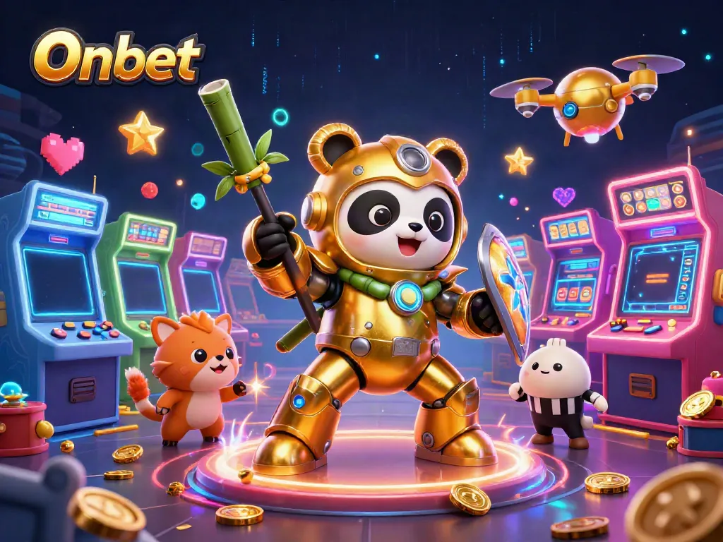 Engage in the thrilling Onbet gaming experience with vibrant scenes from a colorful arcade.