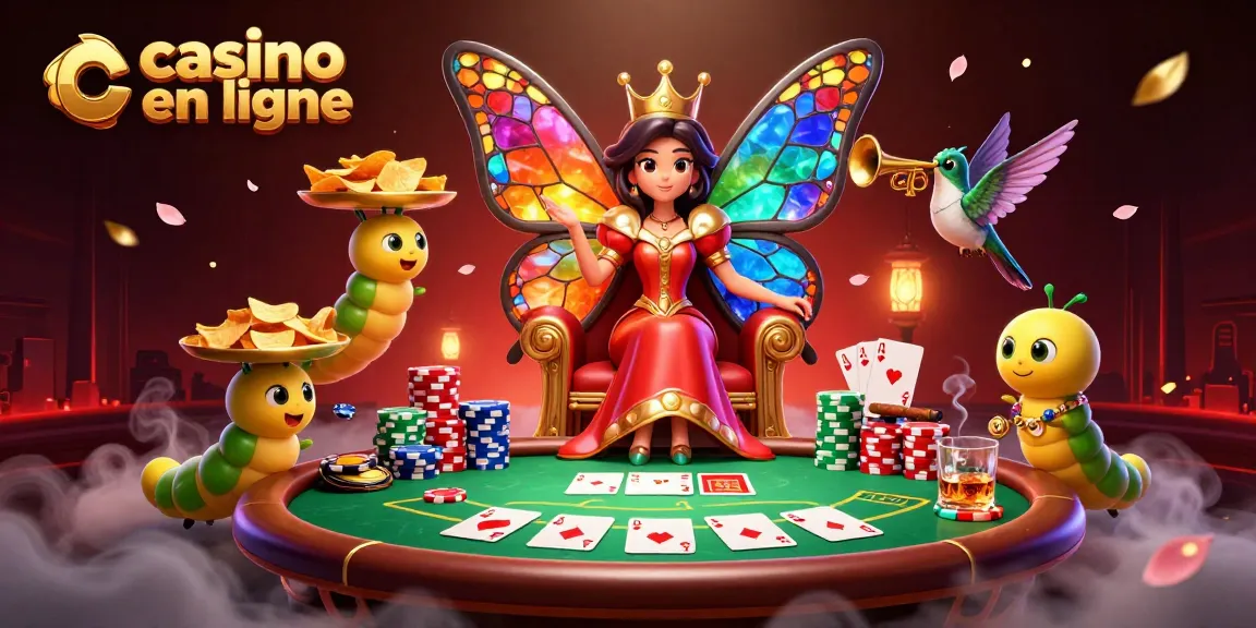 Découvrez un royaume magique de casino en ligne avec une reine papillon et des serviteurs, entouré de jetons colorés.