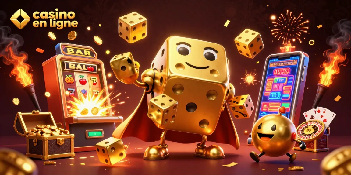 Découvrez le casino en ligne avec un golem de dés dorés et une machine à sous explosant de gains.