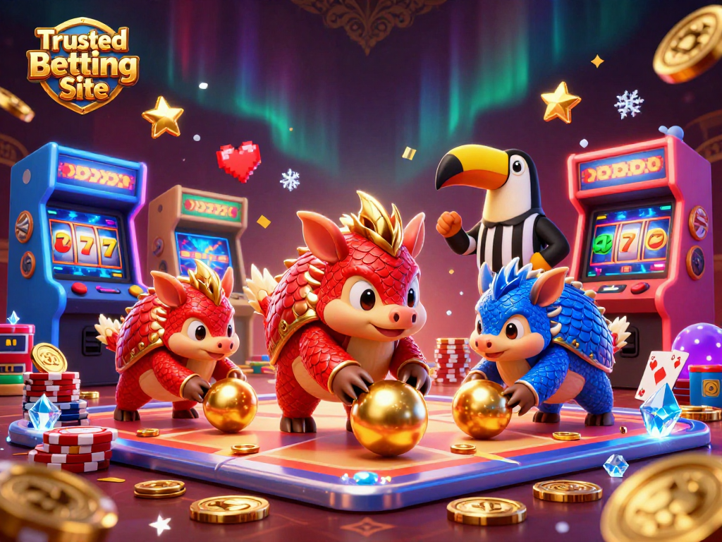 Players engage in vibrant casino games at a Trusted Betting Site, featuring colorful pangolins, poker chips, and arcade machines.