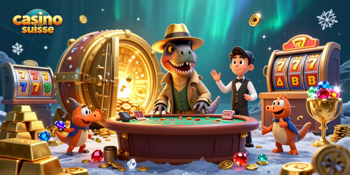 Un velociraptor au blackjack, jouant dans un casino en ligne suisse rempli de trésors scintillants.