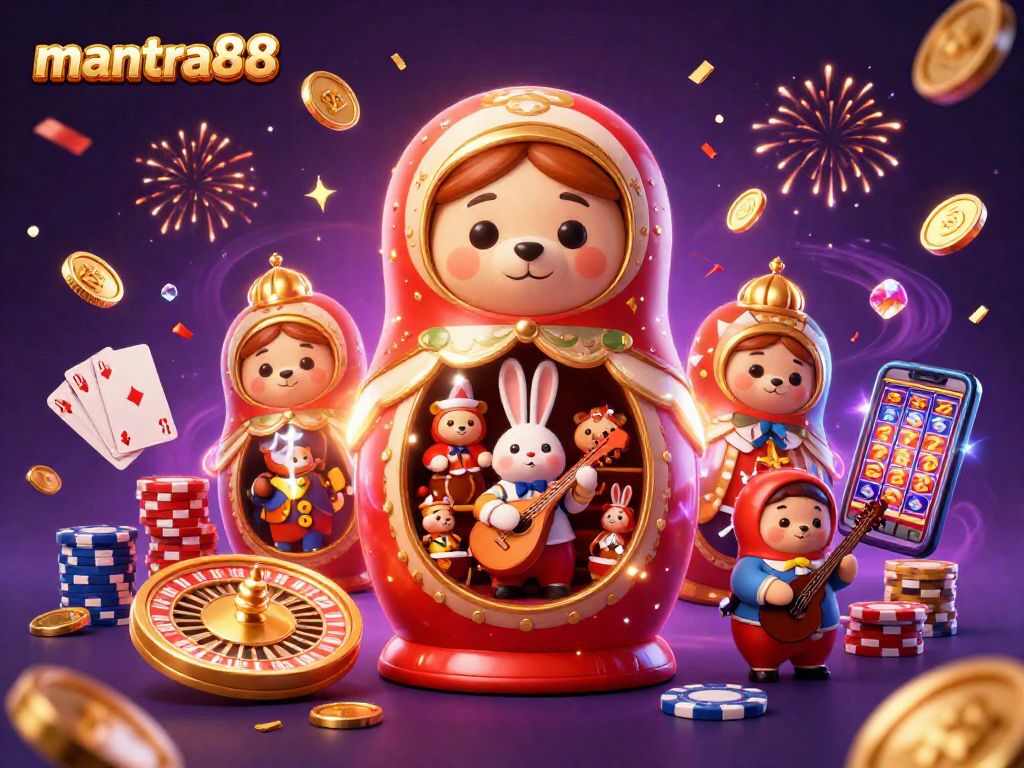 Win big at mantra88 with a vibrant 3D casino illustration showcasing festive characters and thrilling game elements.