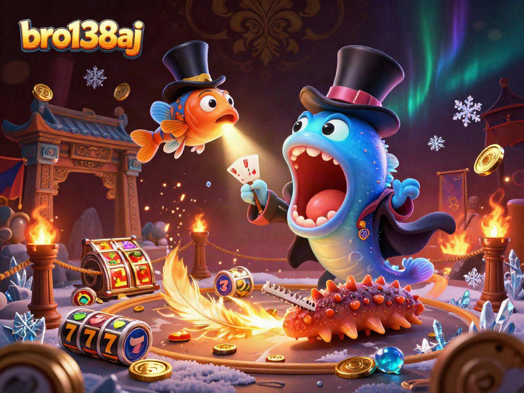 Experience bro138aj magic with a bioluminescent eel performing card tricks amidst a vivid casino atmosphere.