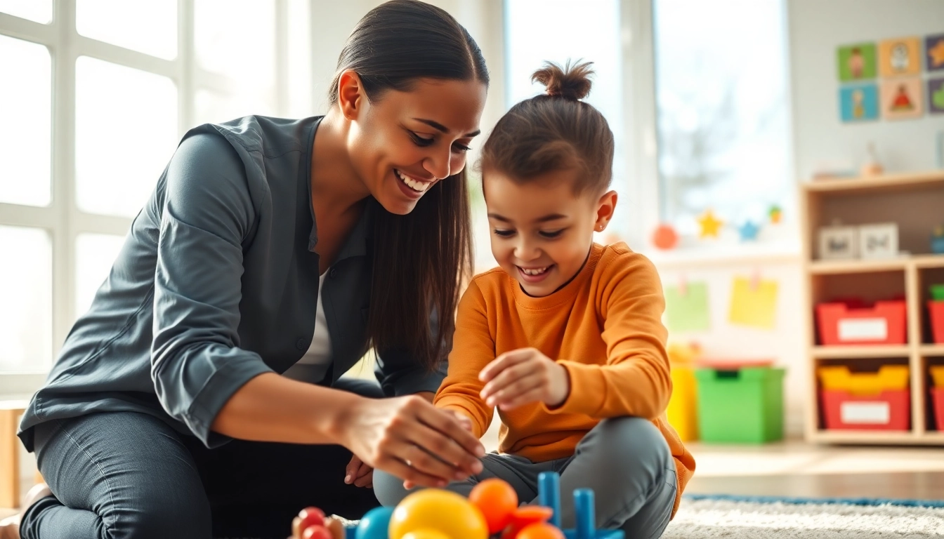 What is ABA therapy illustrated through a therapist-child interaction in a supportive environment.