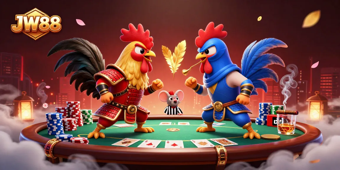 Experience the thrilling showdown at JW88 with combat-ready roosters in a vibrant poker scene.
