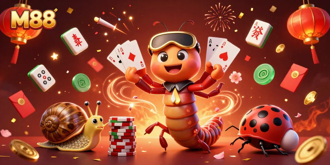 M88 shows a vibrant casino scene with a dealer and unique characters celebrating winnings.