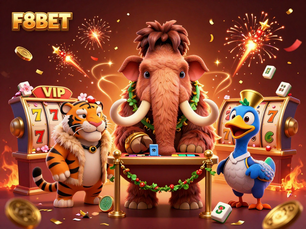 Engage with F8BET's thrilling slots as a saber-tooth tiger enters the casino alongside a mammoth bouncer.