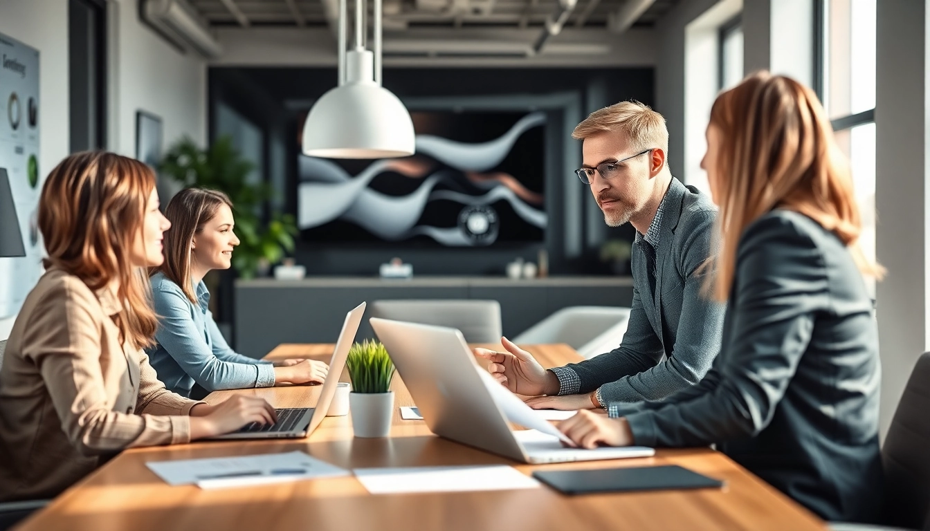 Marketing director leading a team meeting with focus and collaboration in a bright office.