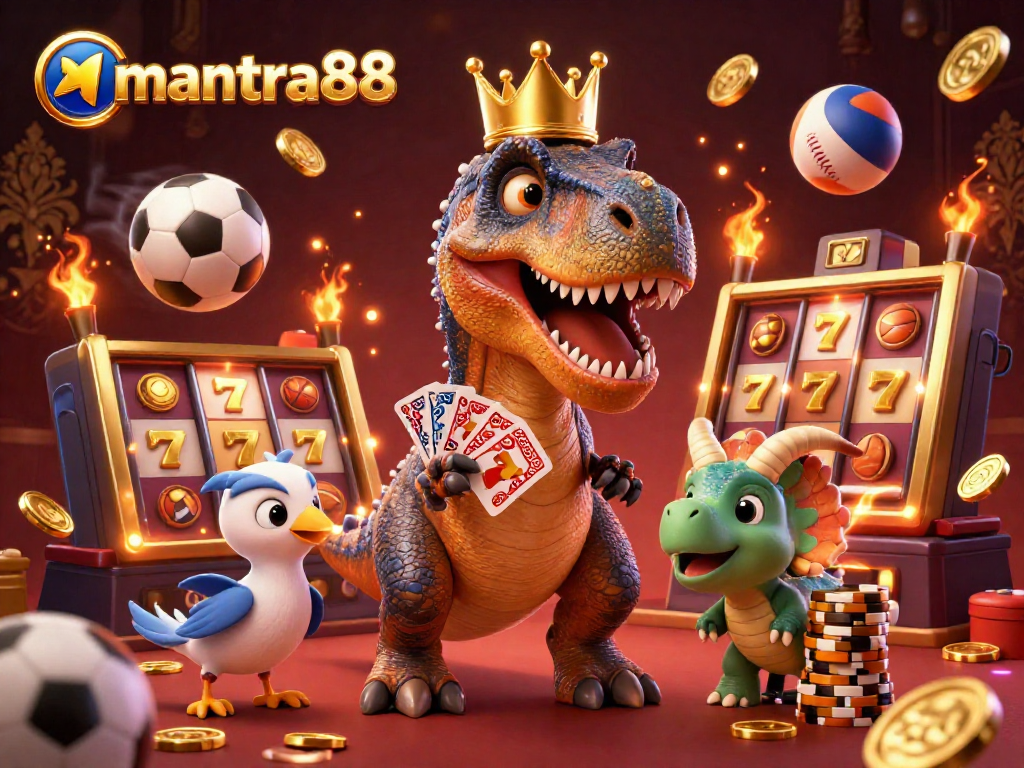 Experience the thrill of mantra88 with a dynamic T-Rex shuffling cards in this vibrant casino scene.