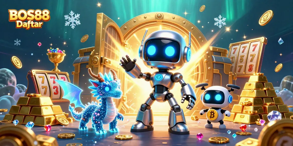 Bermain slot dengan BOS88 Daftar dalam suasana kasino cyberpunk yang penuh dengan harta dan cahaya.