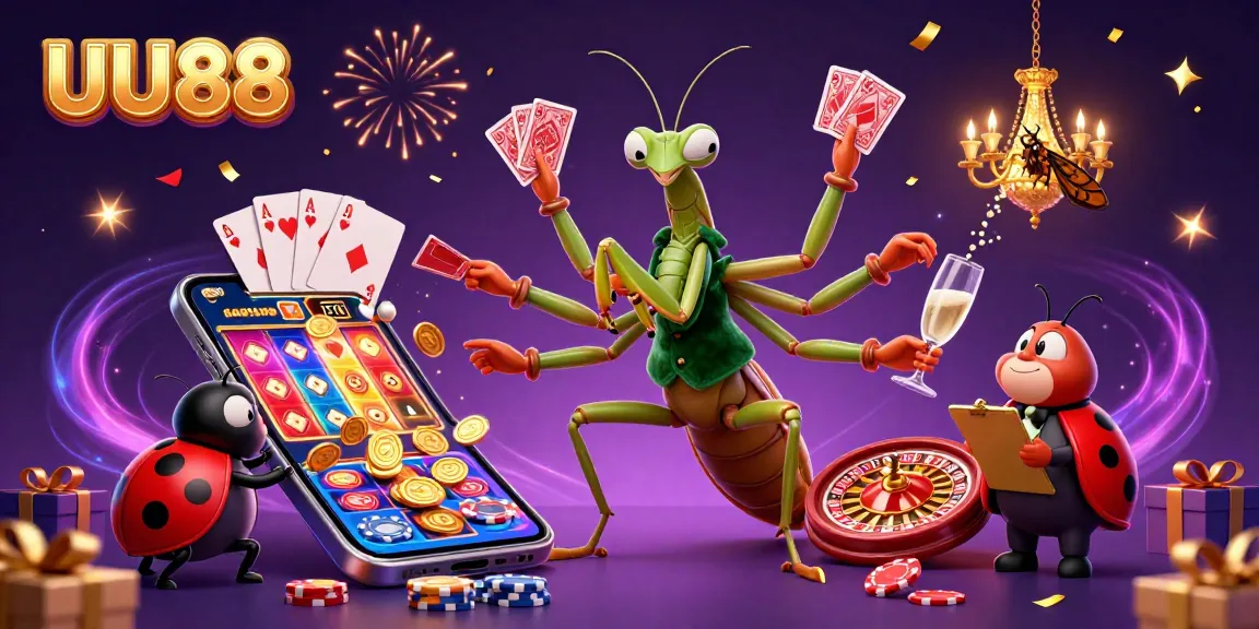 Experience thrilling casino action with UU88 as a giant praying mantis card sharp deals cards and celebrates wins.