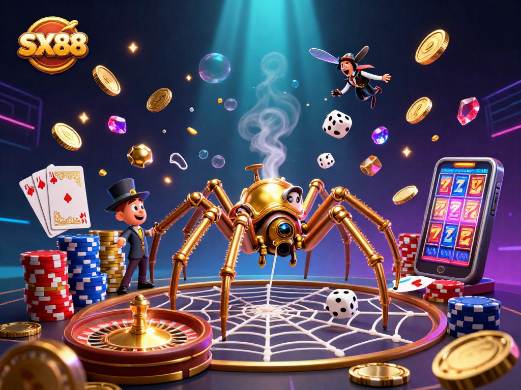 SX88 captivates players with a 3D steampunk scene of a spider entangled in golden chains, capturing the thrill of online gaming.