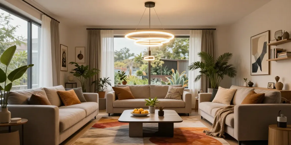 Lustra living modernă suspendată în camera de zi, iluminând elegant spațiul contemporan.