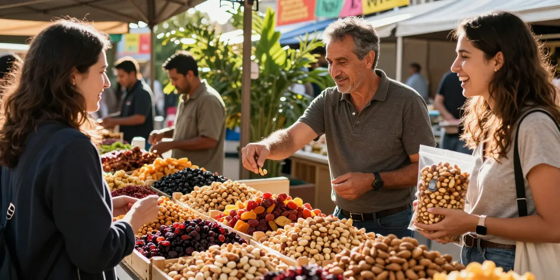 M98 สล็อตเว็บตรงไม่ผ่านเอเย่นต์ delightful outdoor market scene featuring a vendor showcasing mixed nuts and dried fruits, warm sunlight illuminating fresh products.
