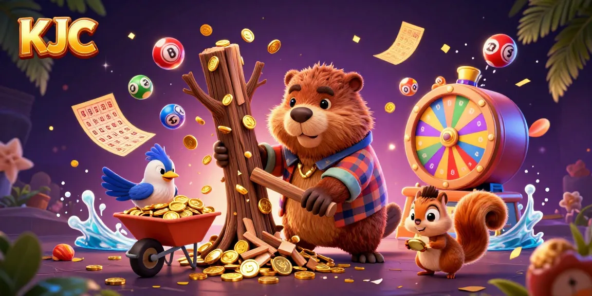 KJC celebrates excitement with a dynamic illustration featuring a beaver and friends amidst golden coins and colorful lottery elements.