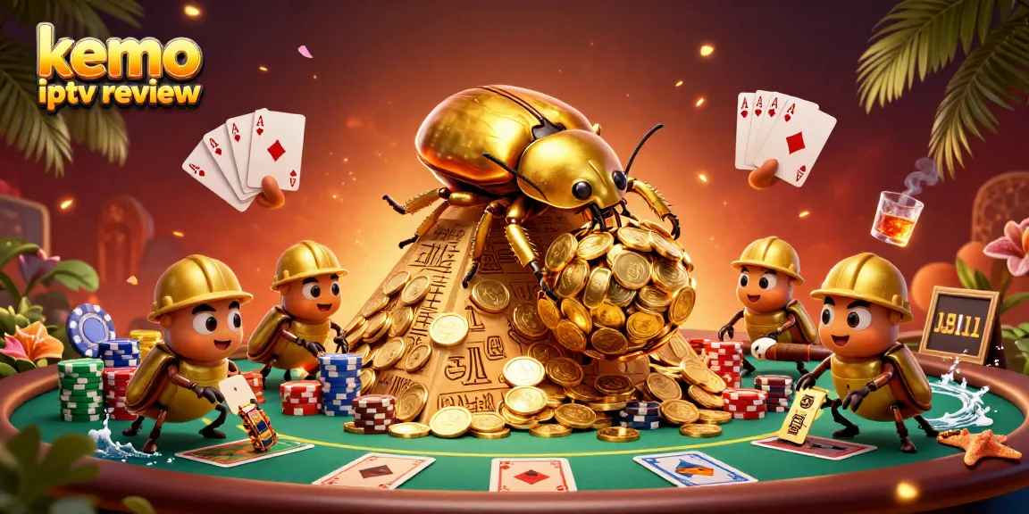 Kemo IPTV review showcasing a golden dung beetle at a vibrant casino pyramid scene with poker elements.