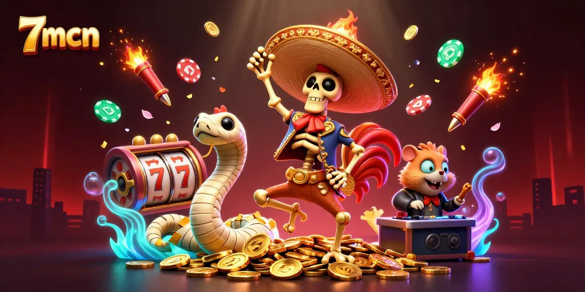 Experience the excitement of 7mcn through a vibrant 3D casino illustration depicting thrilling gaming elements.
