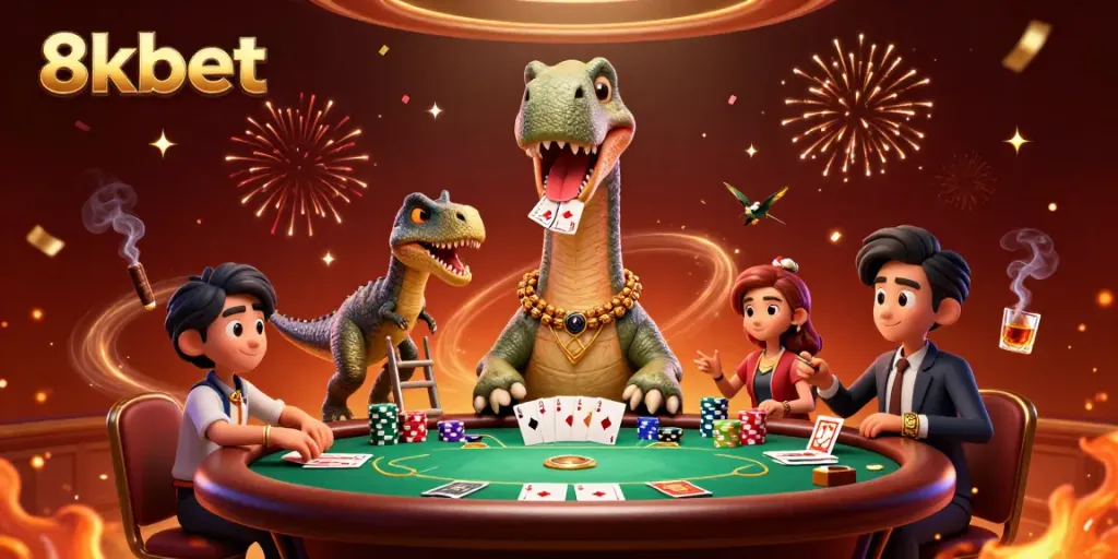 Experience the thrilling world of 8kbet with a brontosaurus overseeing poker gameplay in a vibrant casino.