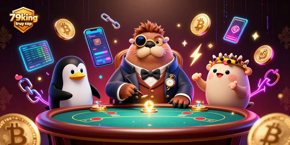 Experience the energy of 79king truy cập with a jolly walrus at a poker table amid dazzling crypto elements.