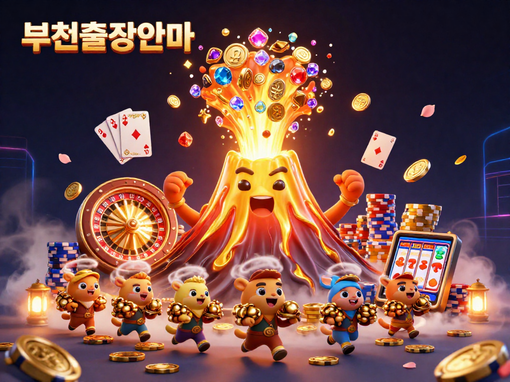 Engage in the thrilling world of 부천출장안마 with a vibrant illustration featuring gold coins, poker chips, and lucky symbols.