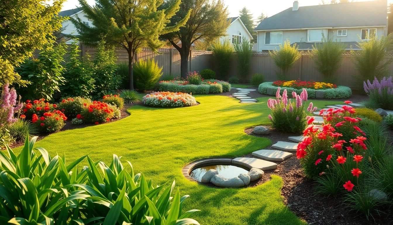 Beautiful backyard landscaping with vibrant flowers and serene pond creating an inviting outdoor space.