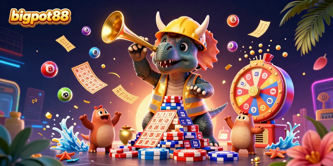 bigpot88 menampilkan ilustrasi kasino yang meriah dengan karakter dinosaurus dalam suasana pesta judi.
